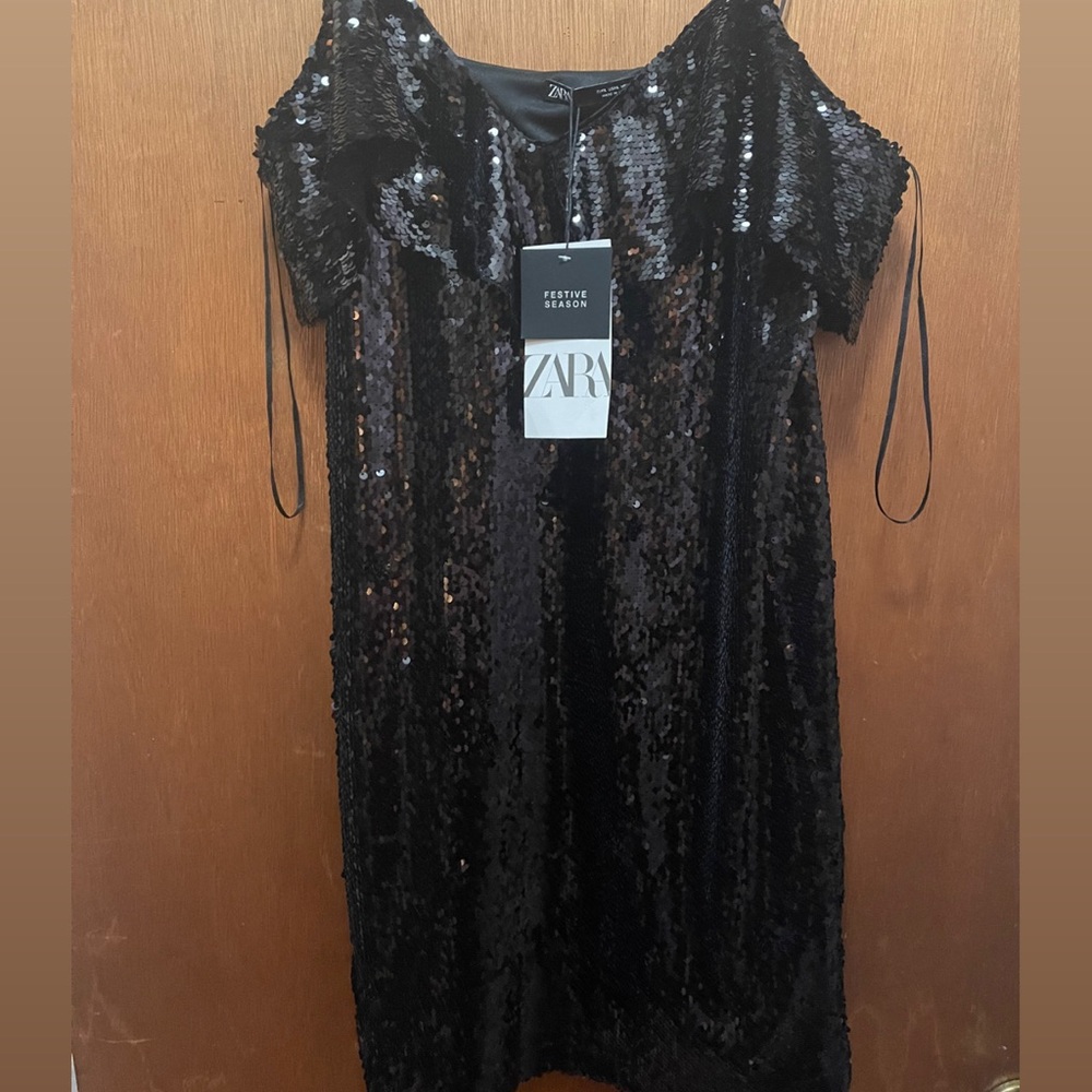 Zara black sequin dress size L new